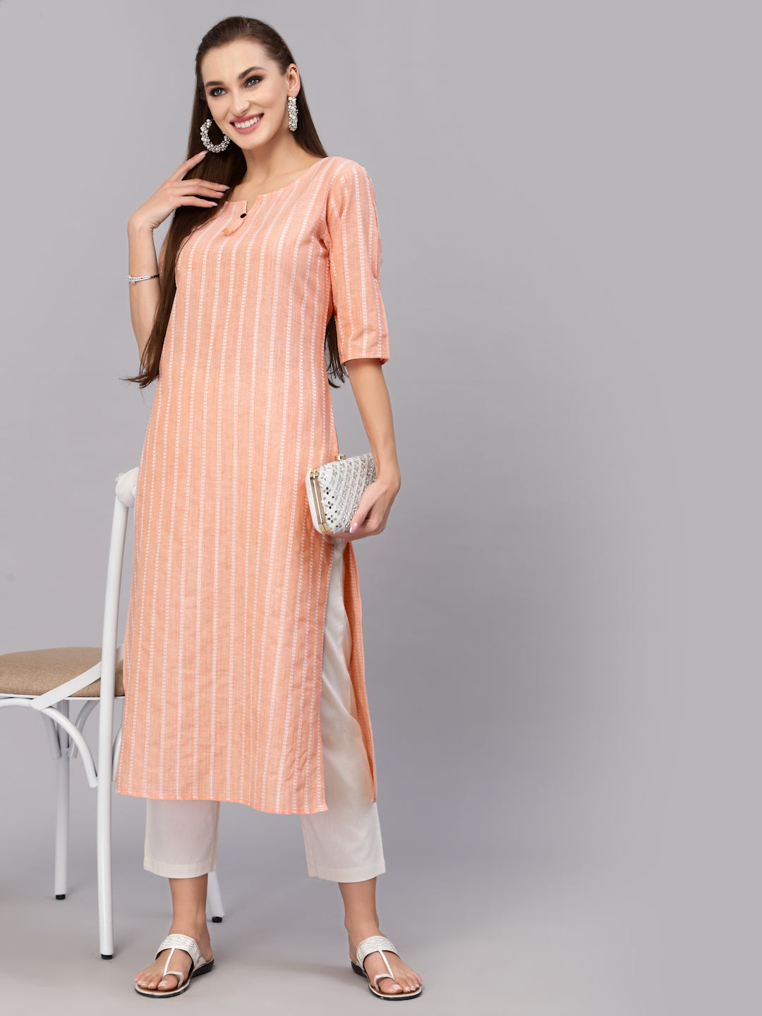 Self Woven Striped Cotton Blend Straight Kurta