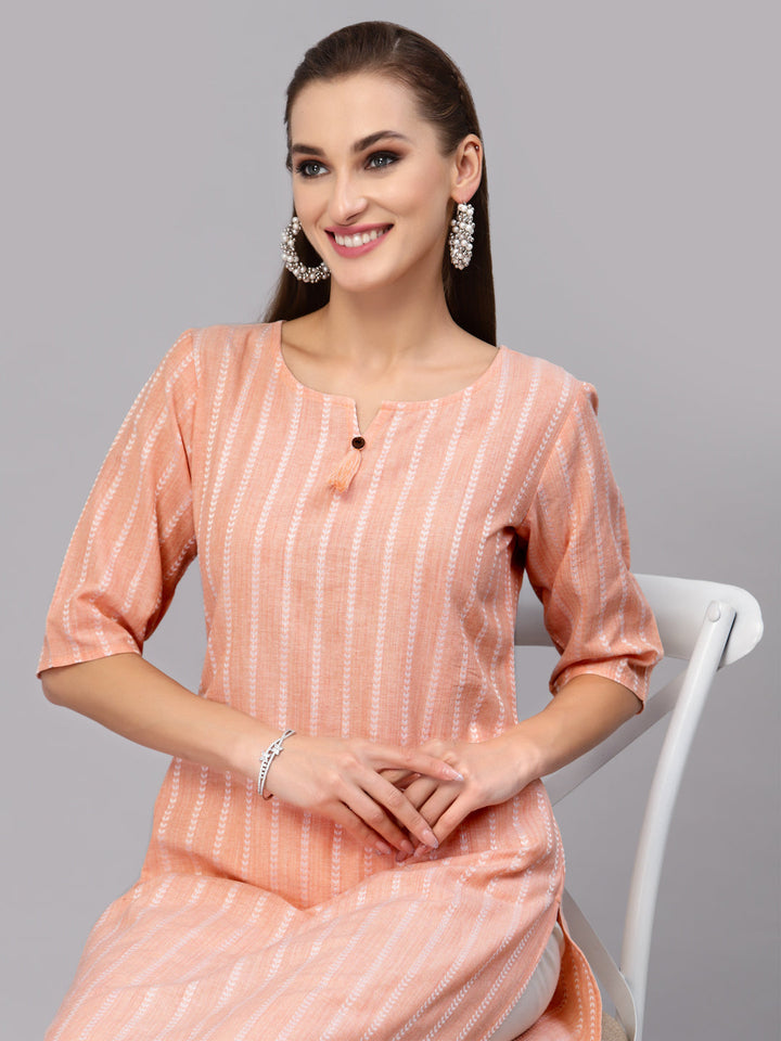 Self Woven Striped Cotton Blend Straight Kurta