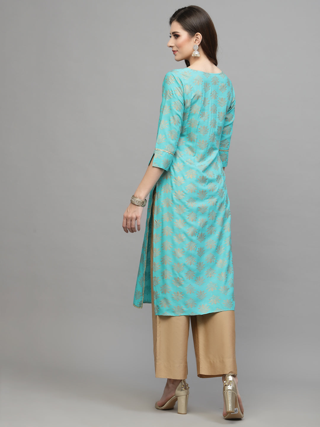 Gold Printed Rayon Straight Kurta