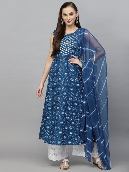 Bandhej Printed Cotton Flared Kurta Dupatta Set