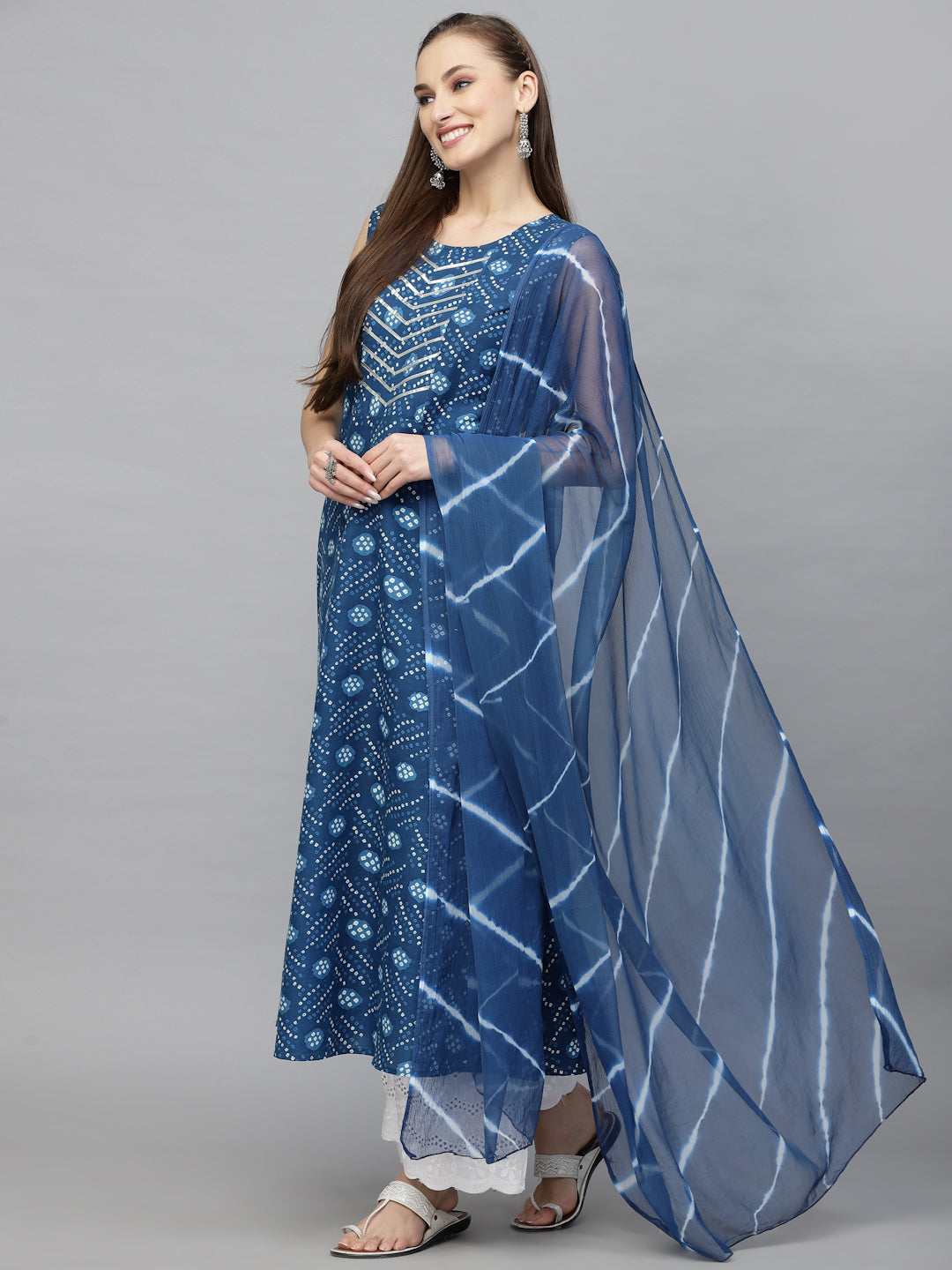 Bandhej Printed Cotton Flared Kurta Dupatta Set