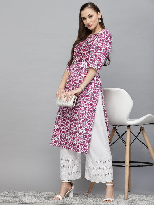 Purple Printed Cotton Slub Straight Kurta