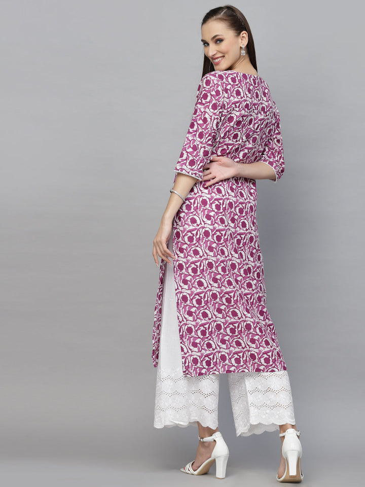 Purple Printed Cotton Slub Straight Kurta