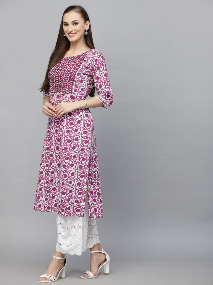 Purple Printed Cotton Slub Straight Kurta
