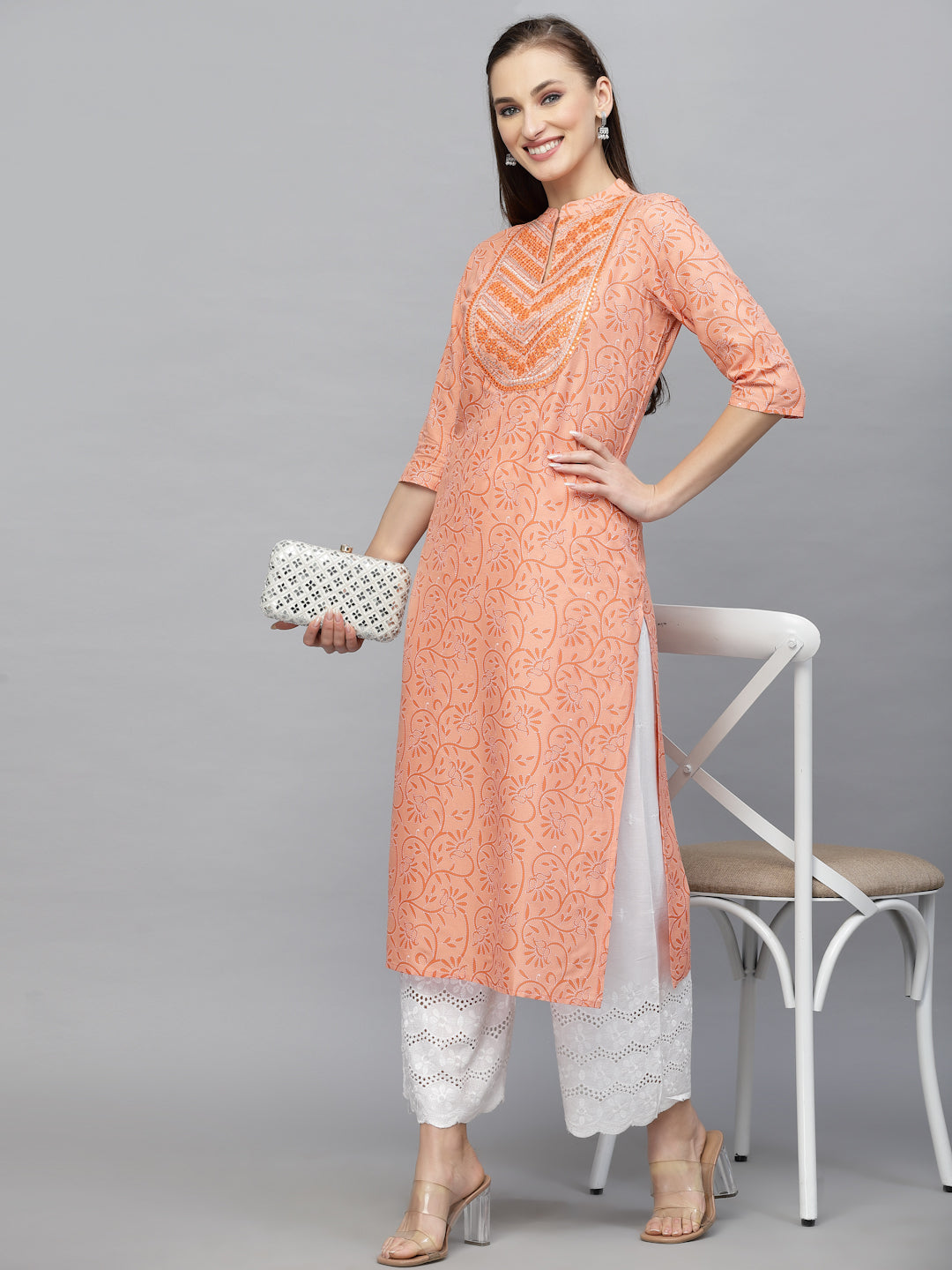 Printed &amp; Embroidered Rayon Straight Kurta