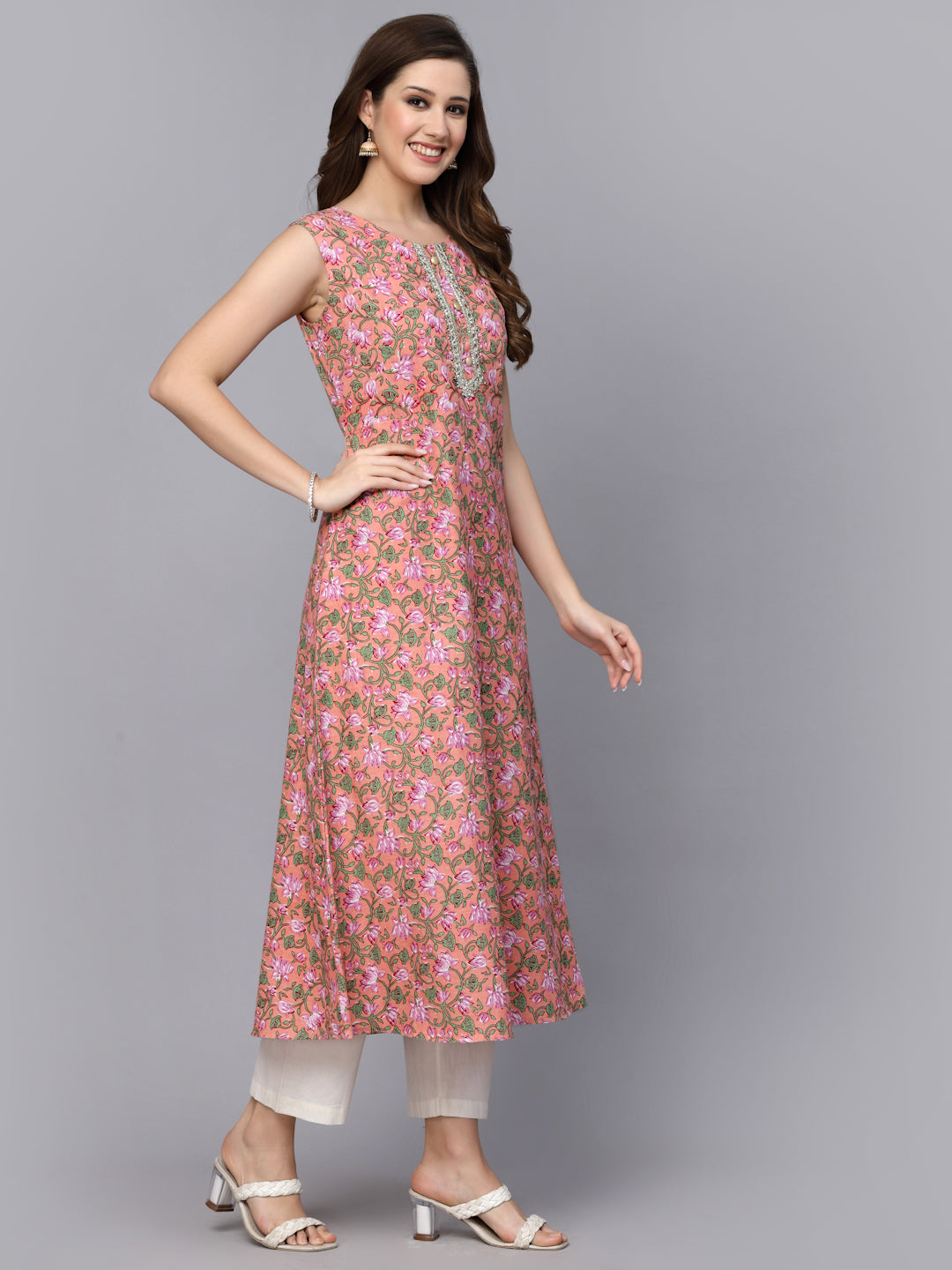 Floral Printed Cotton A-Line Kurta