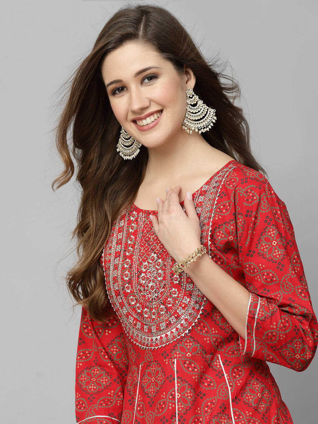 Bandhani Printed & Embroidered Rayon Anarkali Kurta