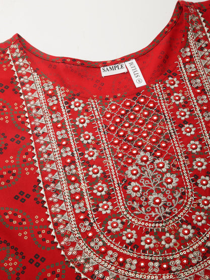 Bandhani Printed & Embroidered Rayon Anarkali Kurta