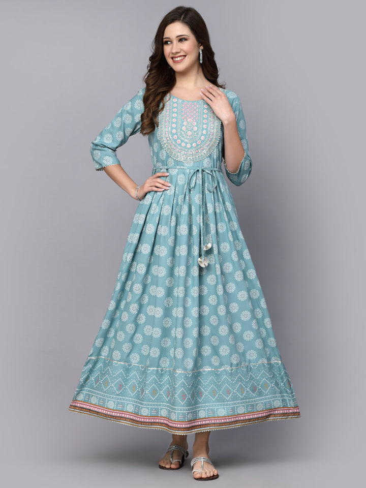 Printed &amp; Embroidered Rayon Flared Kurta