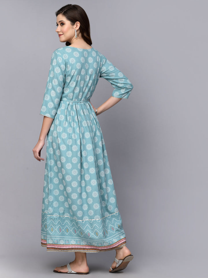 Printed &amp; Embroidered Rayon Flared Kurta