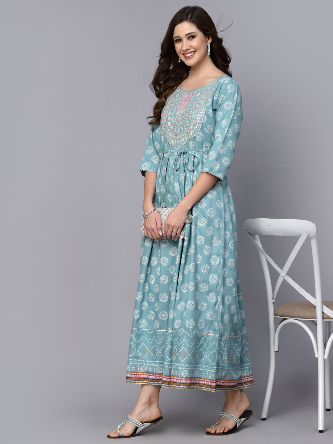 Printed &amp; Embroidered Rayon Flared Kurta
