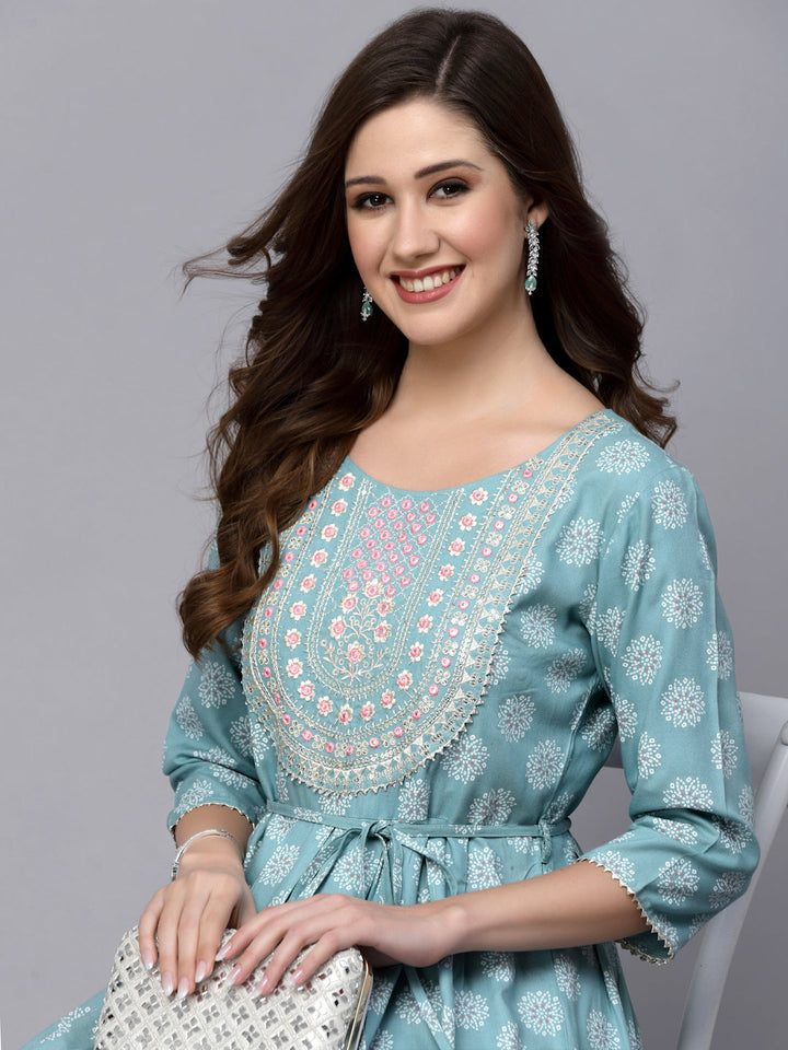 Printed &amp; Embroidered Rayon Flared Kurta
