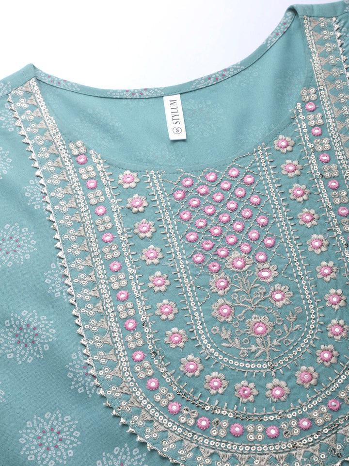 Printed &amp; Embroidered Rayon Flared Kurta