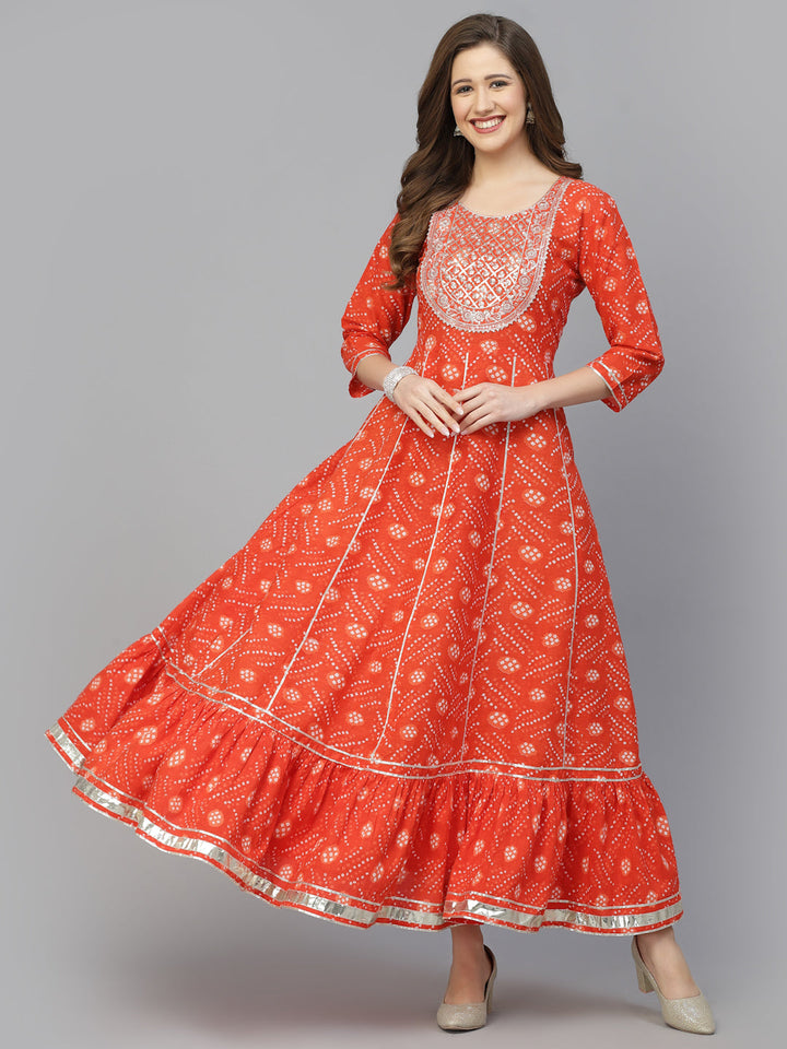 Bandhani Printed &amp; Embroidered Cotton Anarkali Kurta