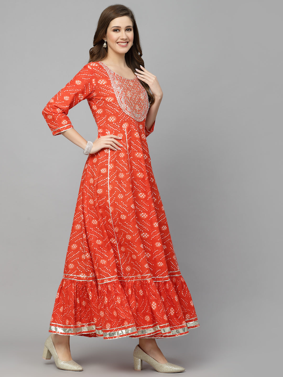 Bandhani Printed &amp; Embroidered Cotton Anarkali Kurta