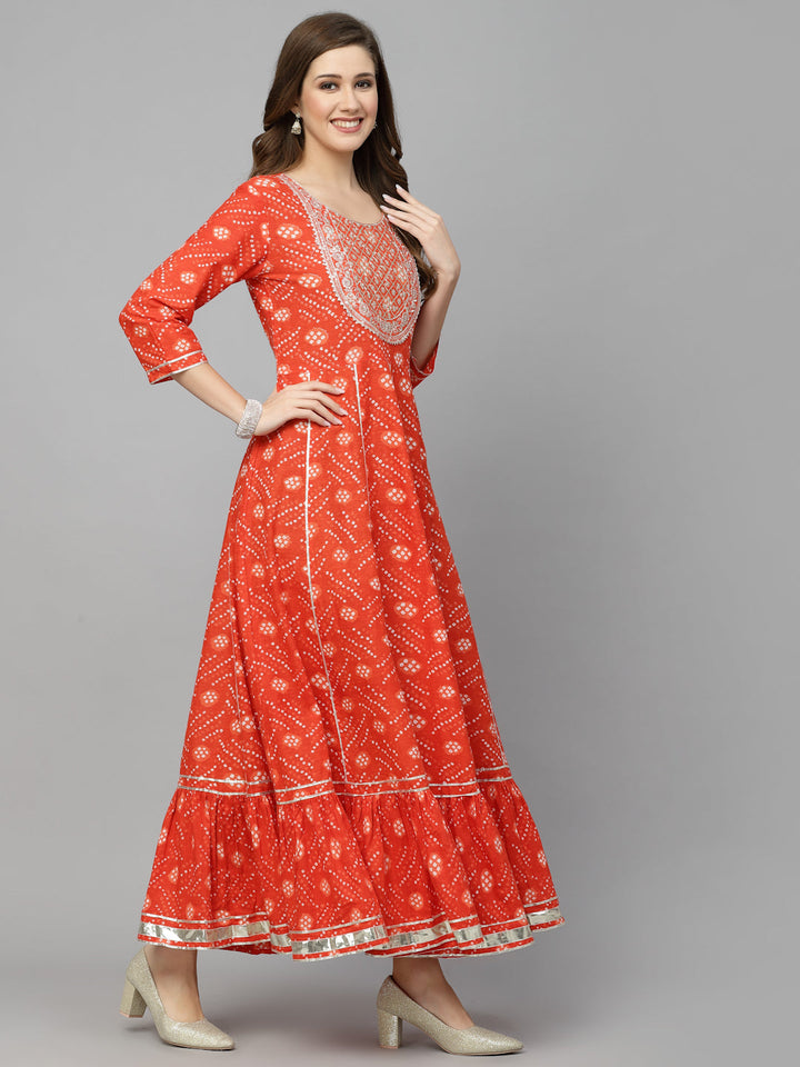 Bandhani Printed &amp; Embroidered Cotton Anarkali Kurta
