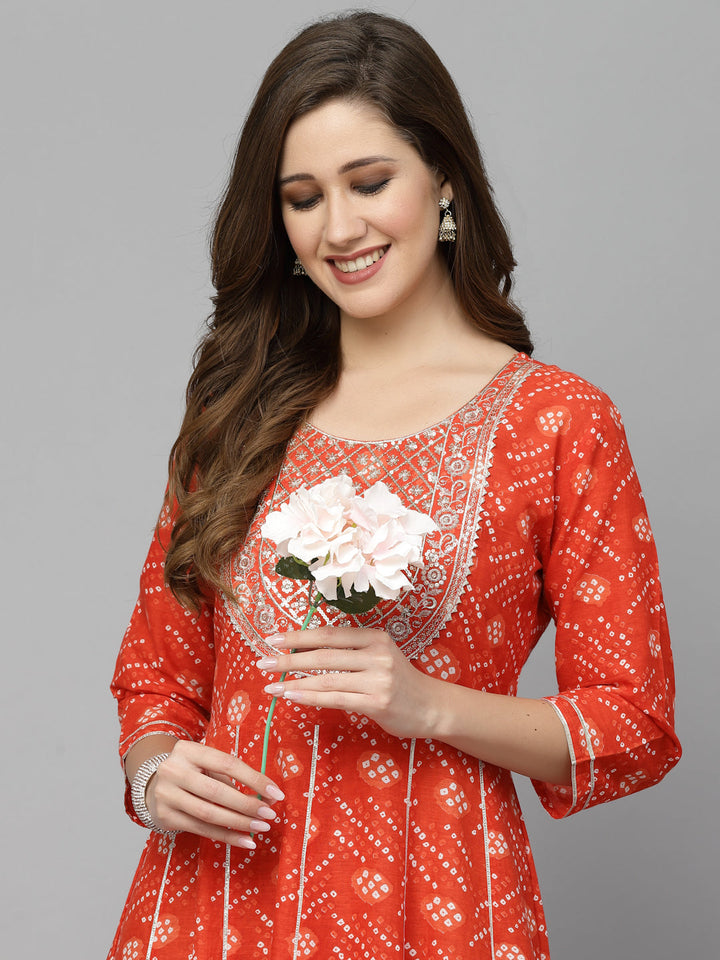 Bandhani Printed &amp; Embroidered Cotton Anarkali Kurta