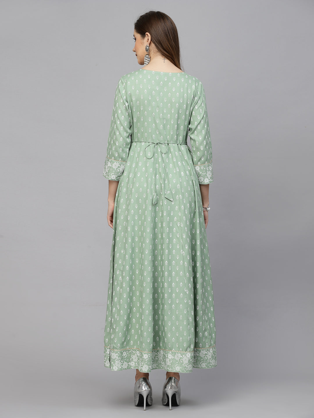 Green Printed &amp; Embroidered Rayon Anarkali Kurta