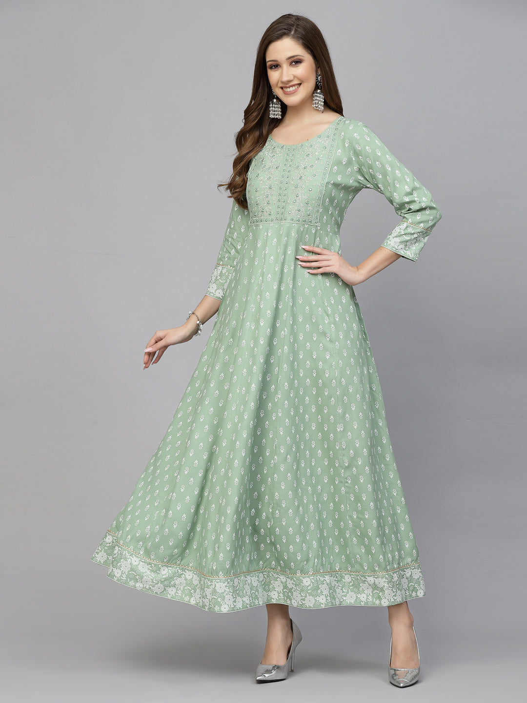 Green Printed &amp; Embroidered Rayon Anarkali Kurta