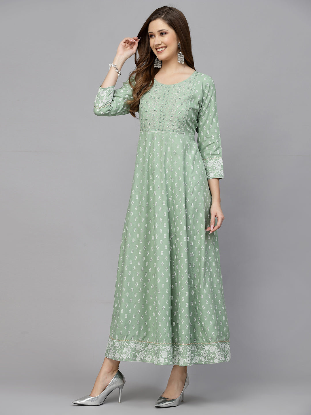 Green Printed &amp; Embroidered Rayon Anarkali Kurta