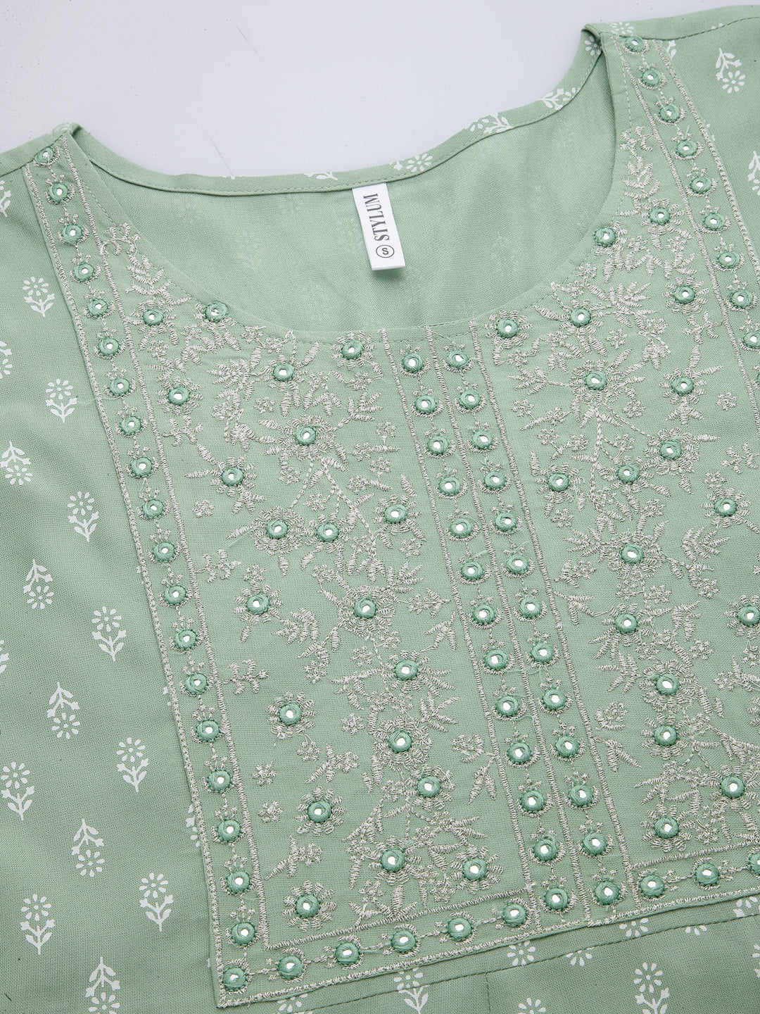 Green Printed &amp; Embroidered Rayon Anarkali Kurta