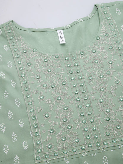 Green Printed & Embroidered Rayon Anarkali Kurta