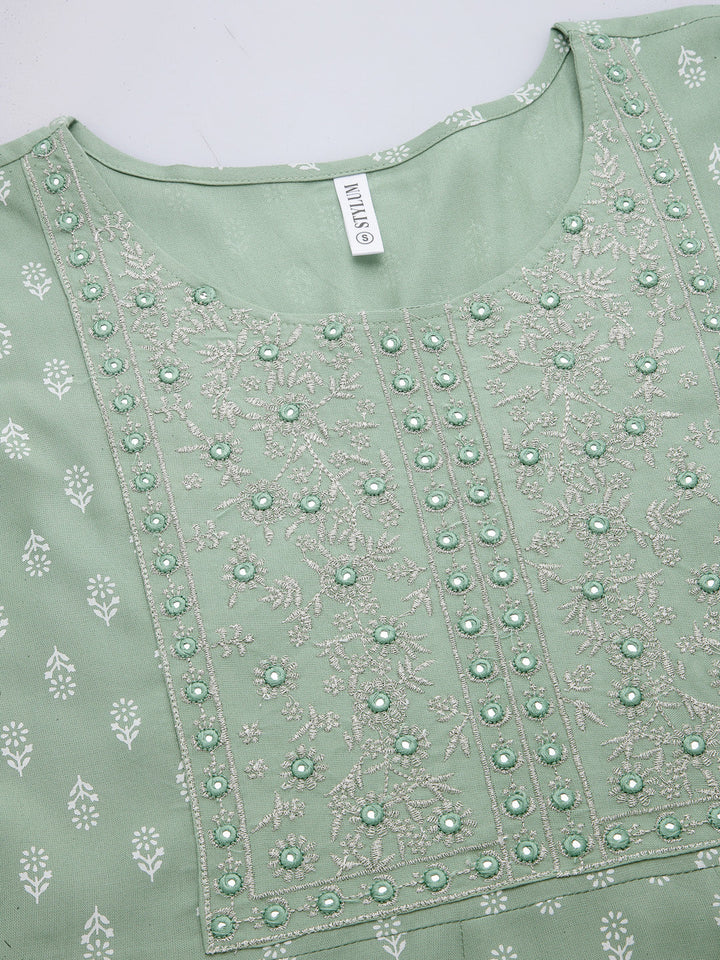 Green Printed &amp; Embroidered Rayon Anarkali Kurta