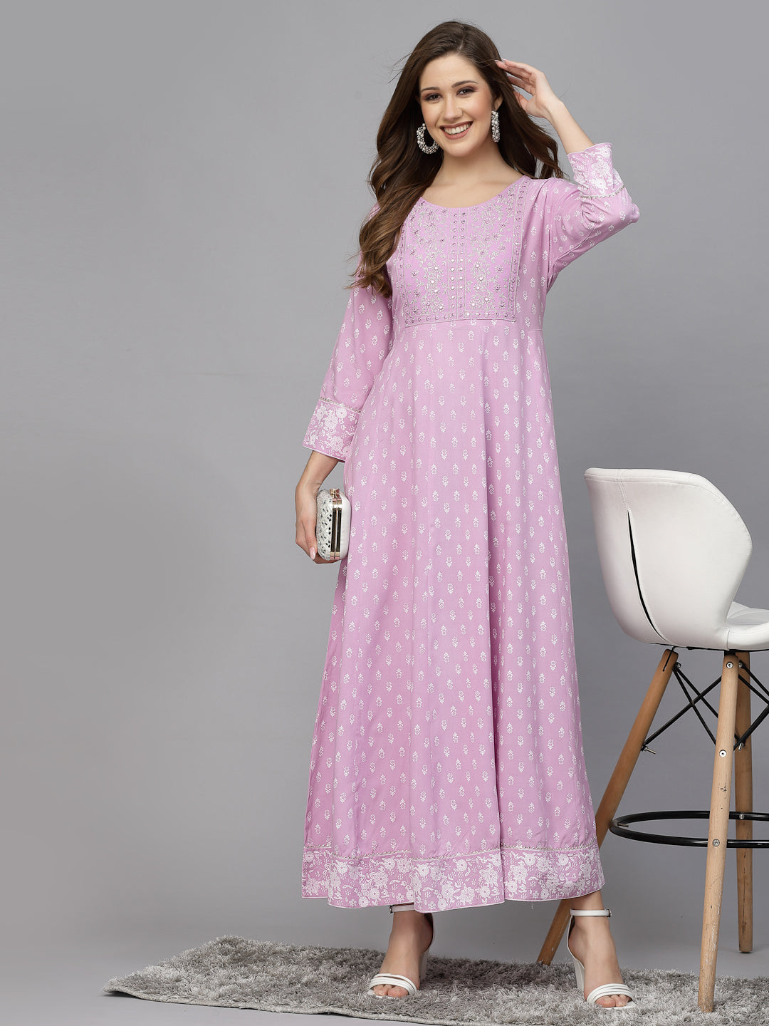 Purple Printed & Embroidered Rayon Anarkali Kurta