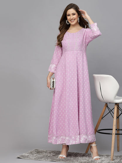 Purple Printed & Embroidered Rayon Anarkali Kurta