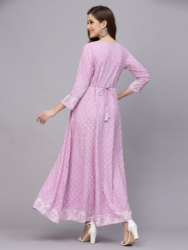 Purple Printed &amp; Embroidered Rayon Anarkali Kurta