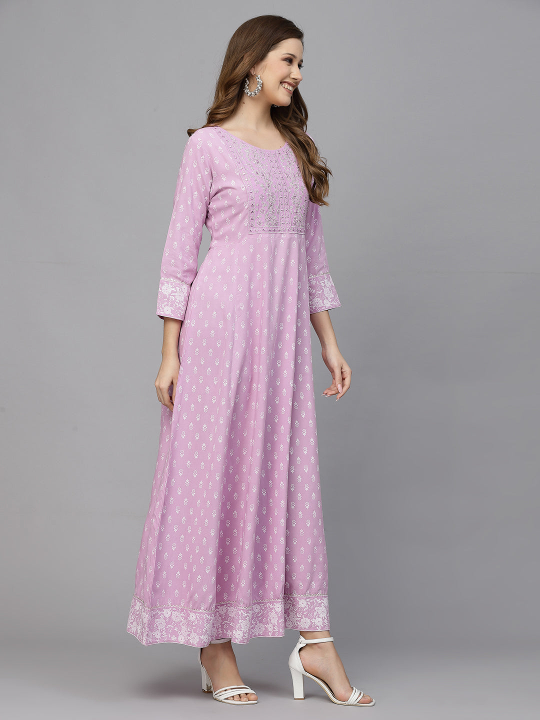 Purple Printed & Embroidered Rayon Anarkali Kurta
