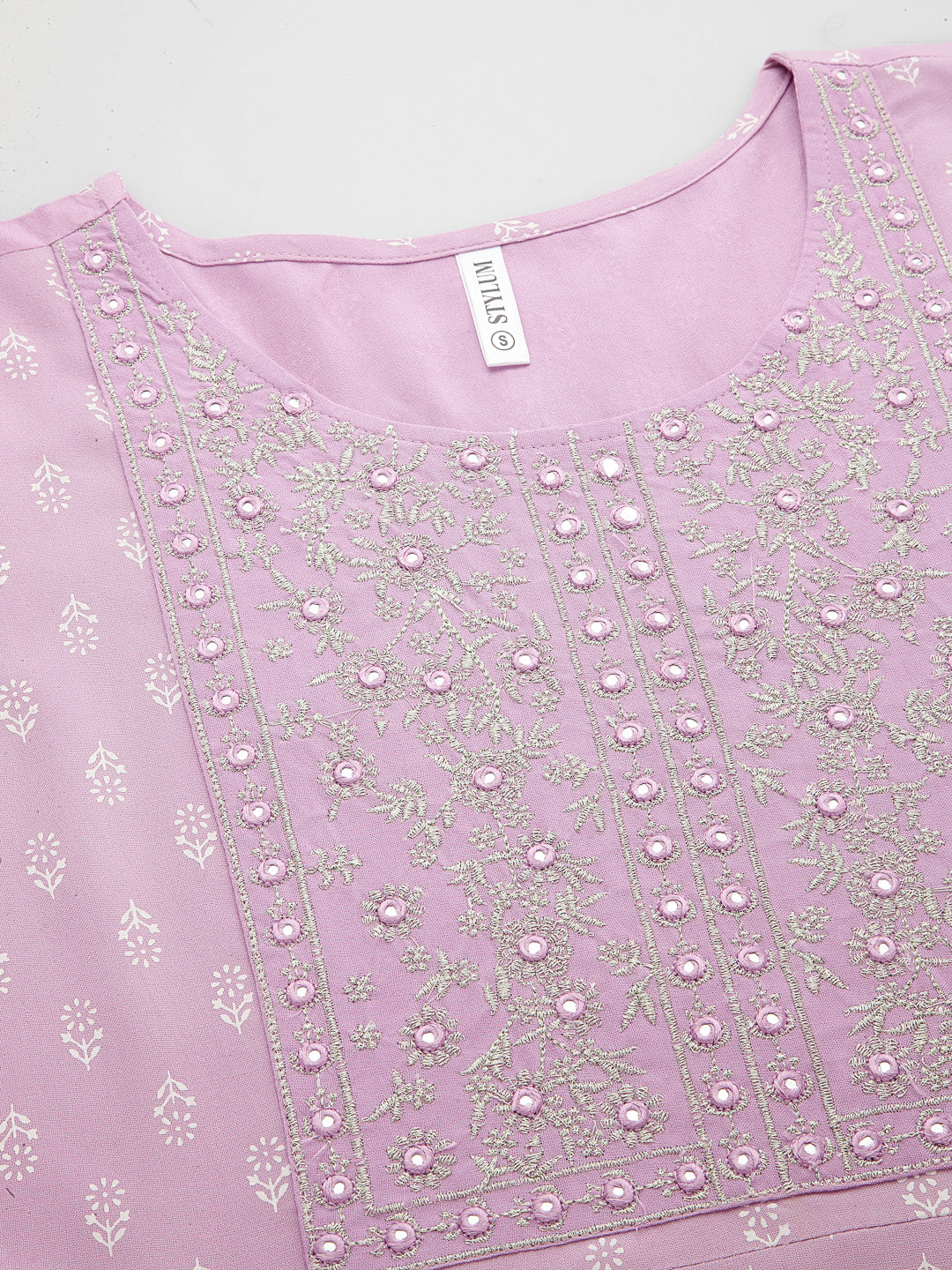 Purple Printed & Embroidered Rayon Anarkali Kurta