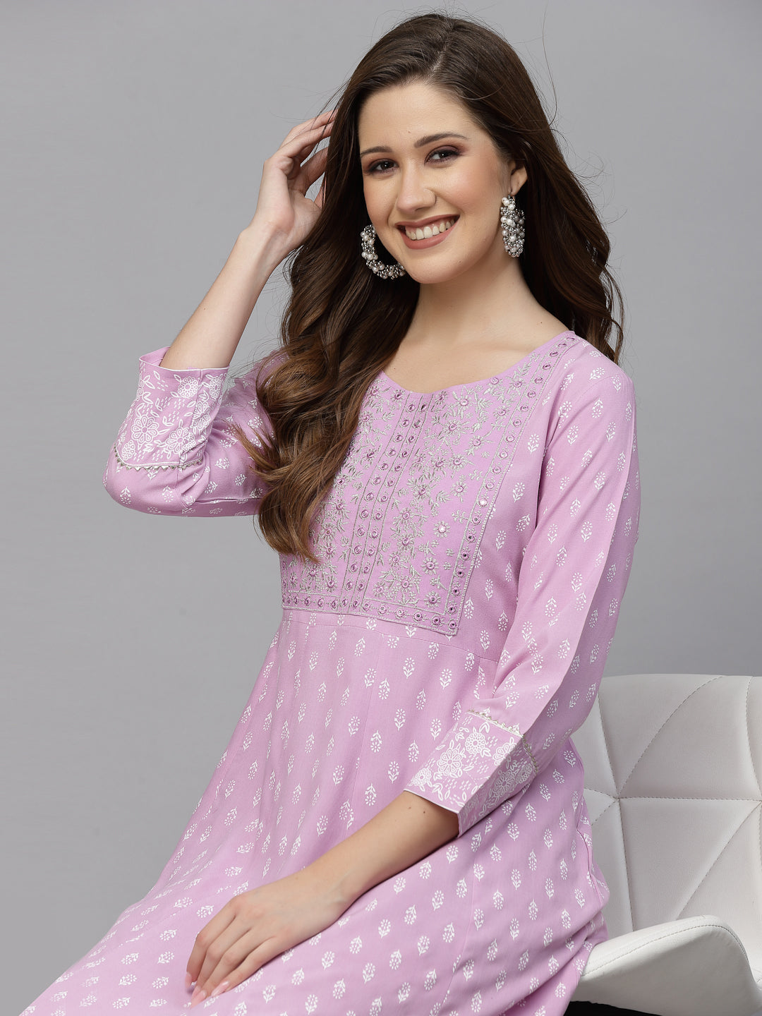 Purple Printed &amp; Embroidered Rayon Anarkali Kurta