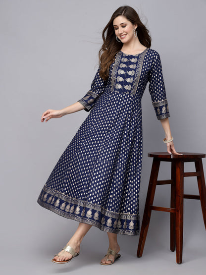 Gold Printed Rayon Anarkali Kurta