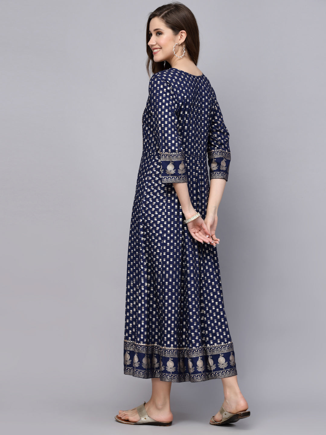 Gold Printed Rayon Anarkali Kurta