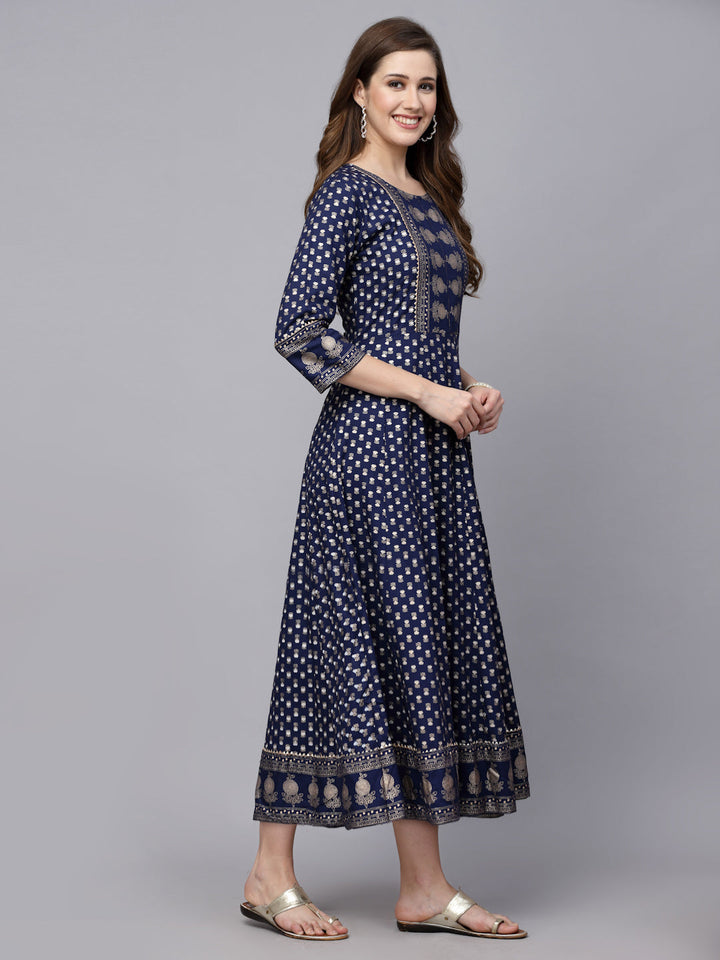 Gold Printed Rayon Anarkali Kurta