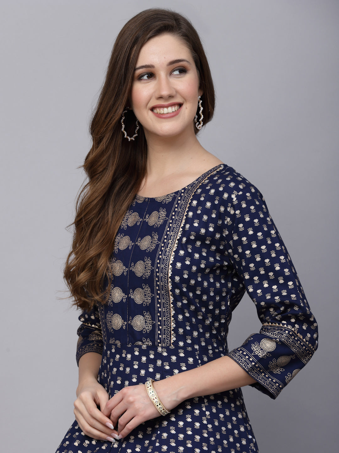 Gold Printed Rayon Anarkali Kurta