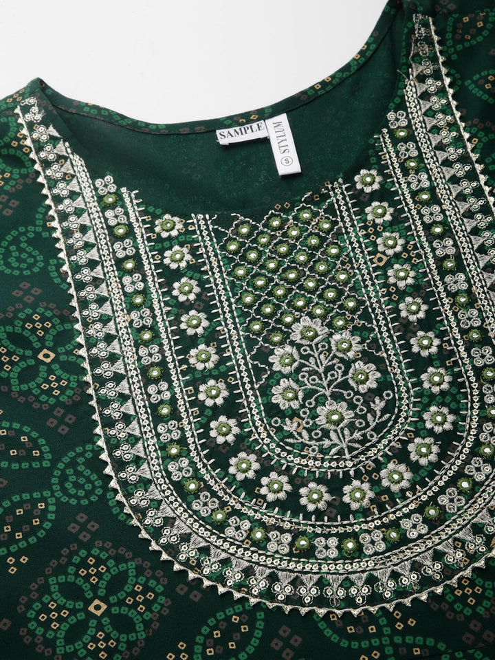 Bandhani Printed &amp; Embroidered Rayon Anarkali Kurta