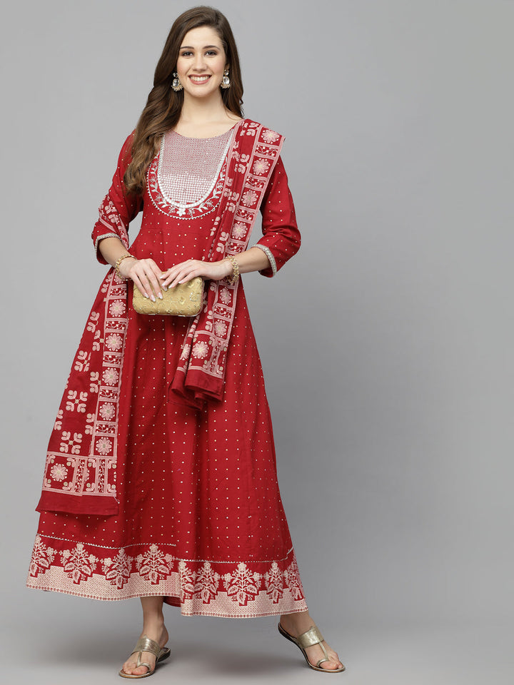 Printed &amp; Embroidered Cotton Anarkali Kurta With Dupatta
