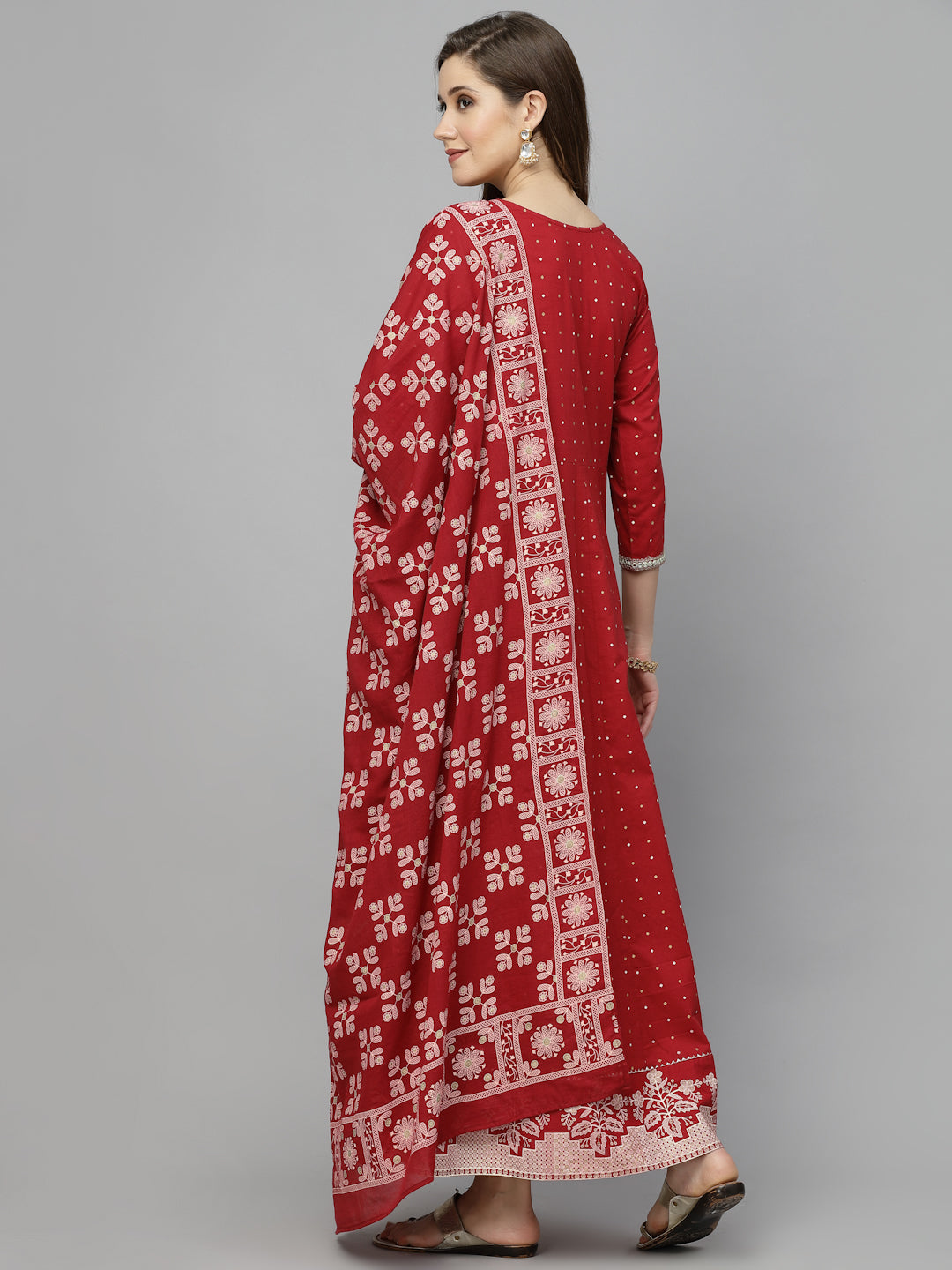 Printed &amp; Embroidered Cotton Anarkali Kurta With Dupatta