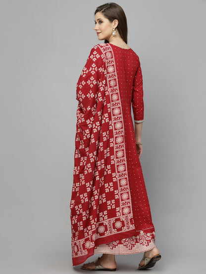 Printed & Embroidered Cotton Anarkali Kurta With Dupatta