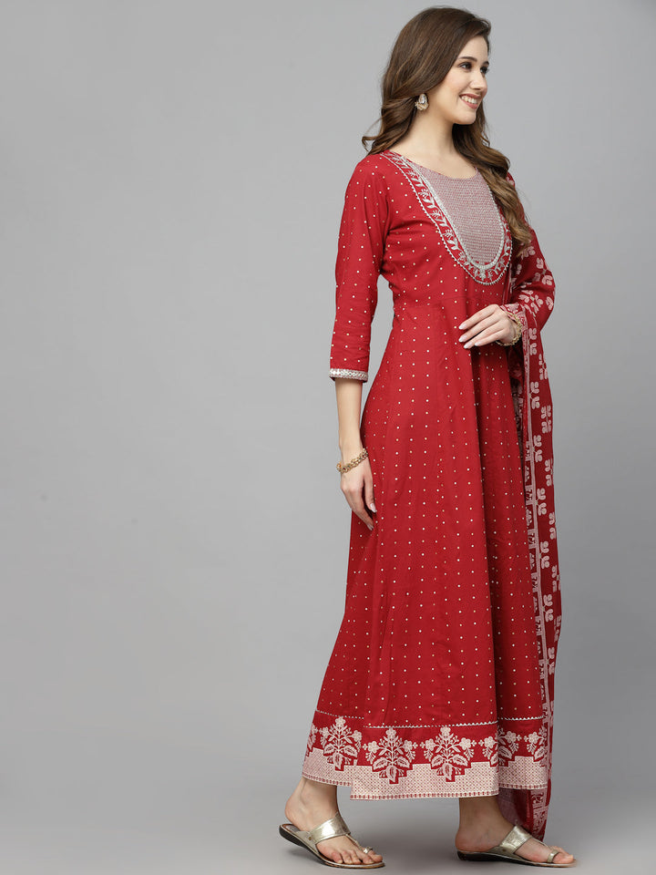 Printed &amp; Embroidered Cotton Anarkali Kurta With Dupatta