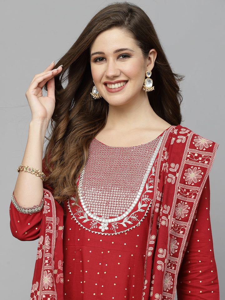 Printed &amp; Embroidered Cotton Anarkali Kurta With Dupatta