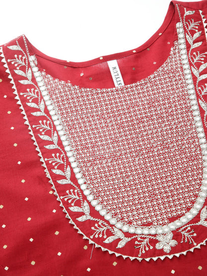 Printed & Embroidered Cotton Anarkali Kurta With Dupatta