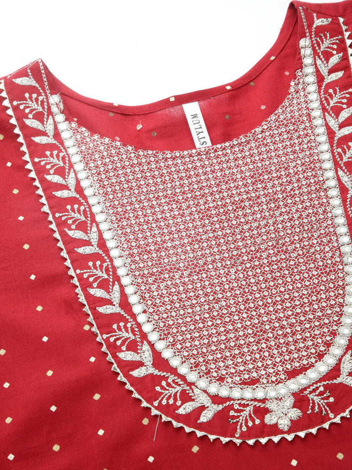 Printed &amp; Embroidered Cotton Anarkali Kurta With Dupatta