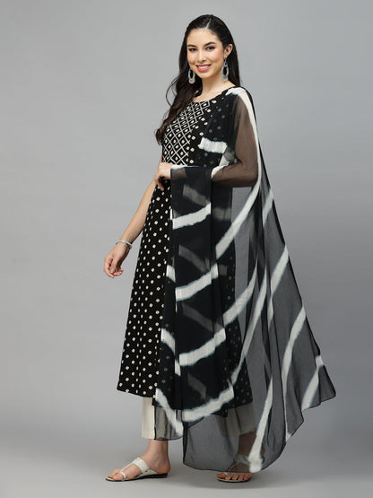 Bandhej Printed A-Line Kurta With Dupatta