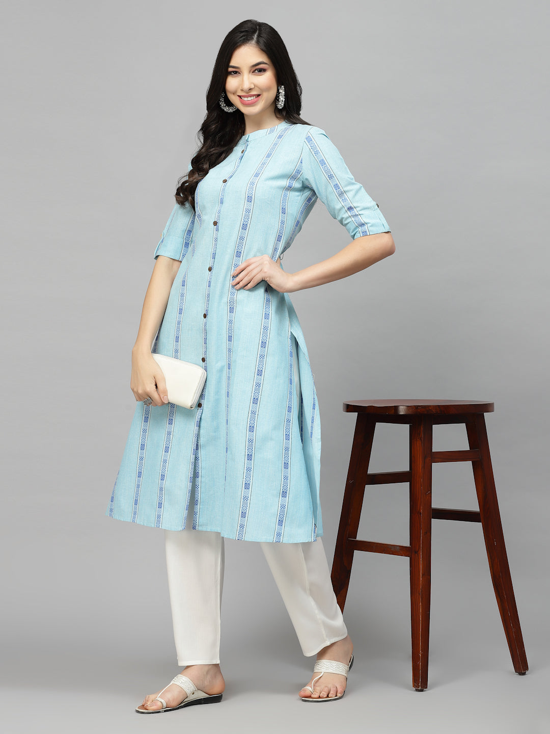 Woven Design Cotton Blend A-Line Kurta