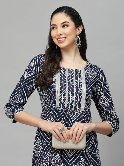 Bandhej Printed Rayon Tiered Kurta