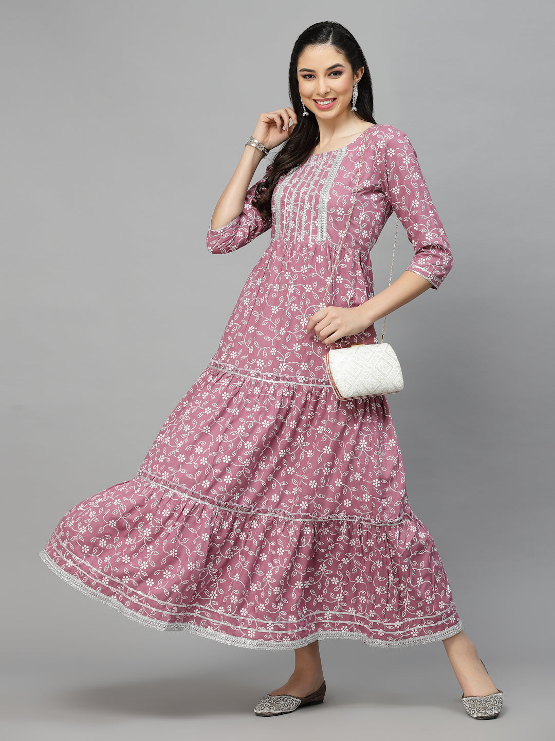 Printed &amp; Embellished Rayon Tiered Kurta