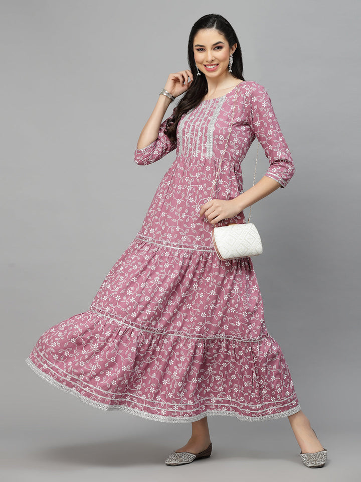 Printed &amp; Embellished Rayon Tiered Kurta
